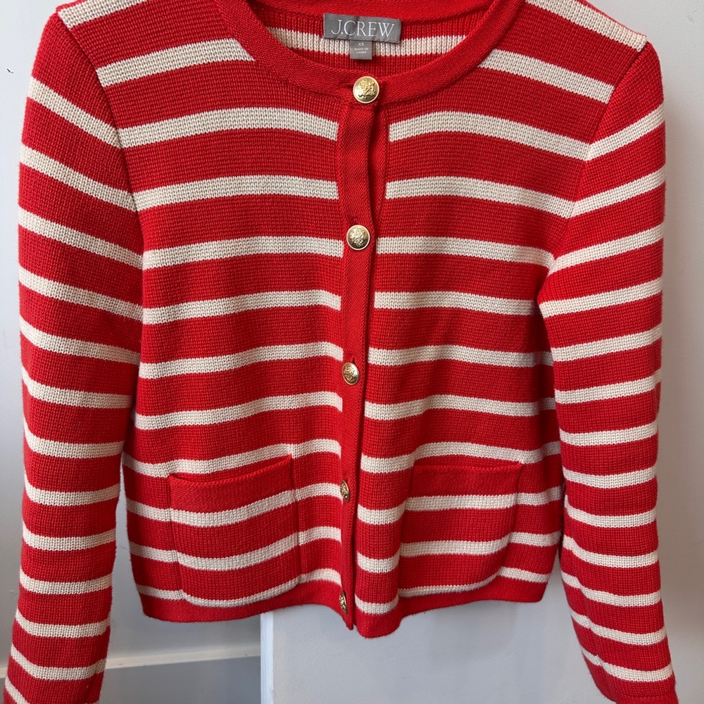 J. Crew Bold Red and White Striped Ladylike Cardigan